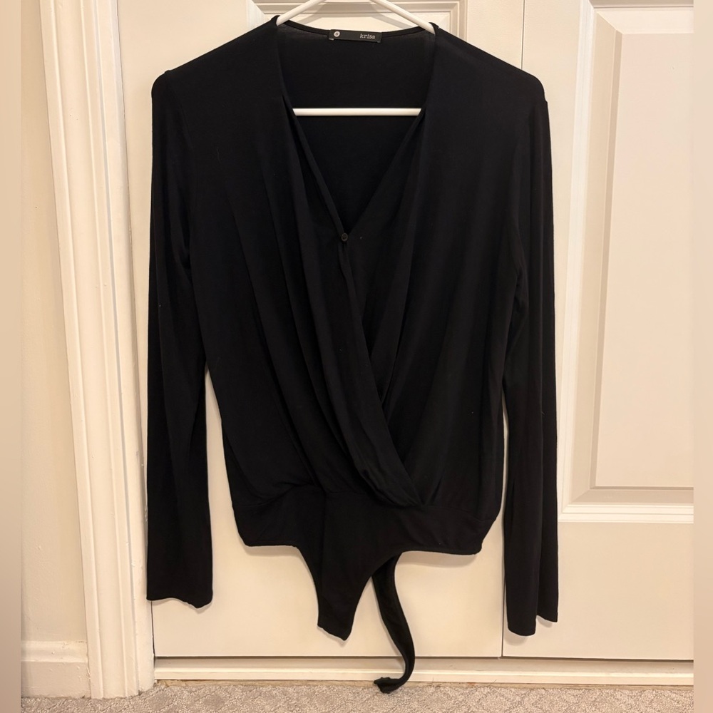 Krisa Black Wrap Front Bodysuit. Size Small.